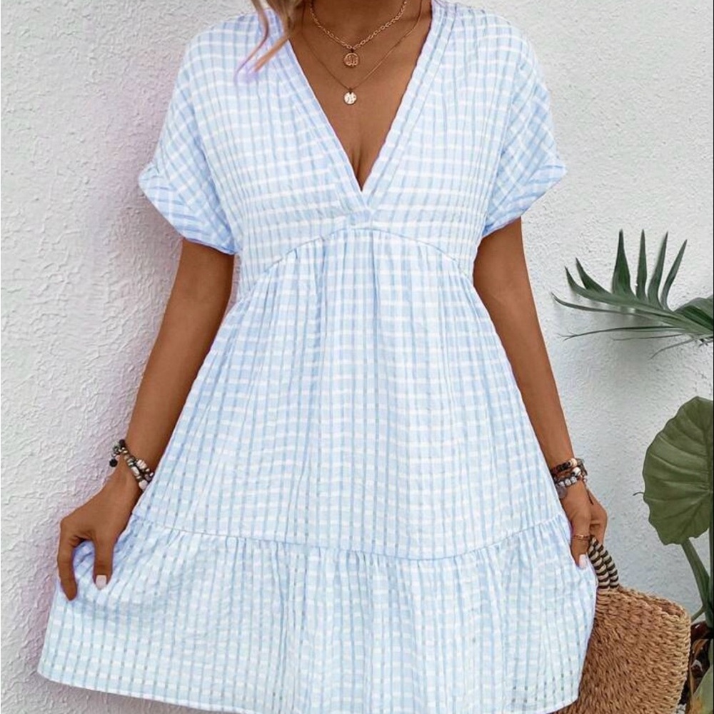 SHEIN Sky Blue Checkered V-Neck Mini Dress